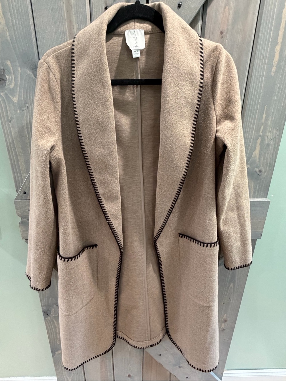 Joie Women’s M Taupe Long Open Front Sweater Coat Black Whipstitch Pockets